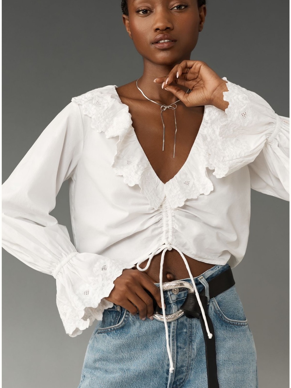 White Eyelet Ruffle V-Neck Drawstring Blouse